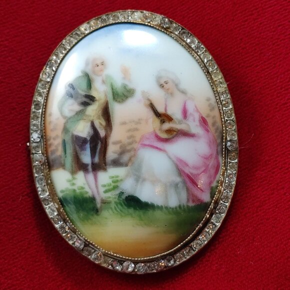 Antique Porcelain Brooch Bezel Setting Czech Hand Painted Numbered c. 1920s - Picture 1 of 9